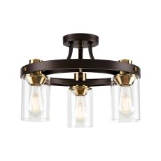 Brunello 45cm Round Semi Flush Ceiling 3 Light E27, Brown Oxide/Gold Bronze With Clear Glass Shades