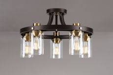 Brunello 55cm Round Semi Flush Ceiling 5 Light E27, Brown Oxide/Gold Bronze With Clear Glass Shades